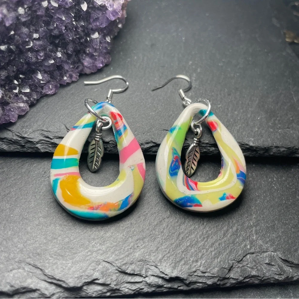 Custom Made Clay Teardrop Earrings With Antique Silver Feather Charms - Picture 3 of 11